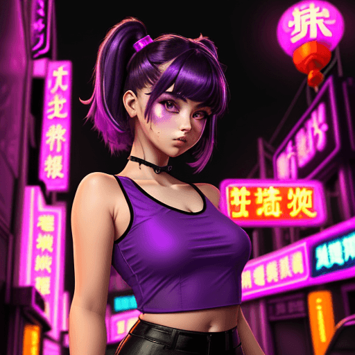 AI generated: a girl in a purple top in a neon city, in the style of chinapunk covers, luke fildes, exotic, captiv...