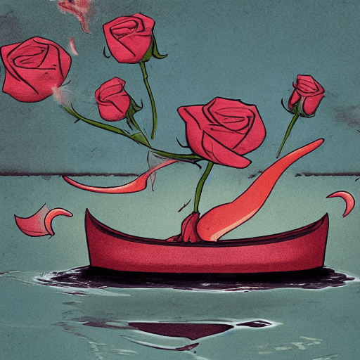 AI generated: A rose in a boat, floating to hell