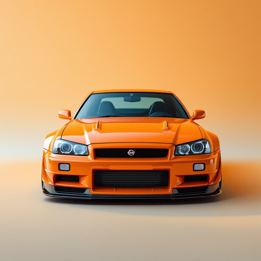 AI generated: Orange glitter Nissan GTR r34, Front face only, studio shot, high-contrast, smooth glossy orange ext...