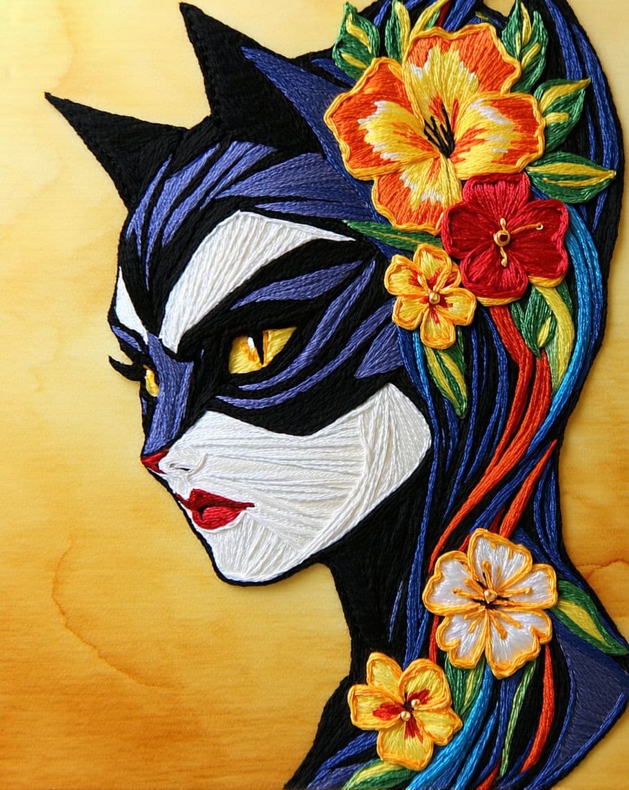 AI generated: 
catwoman face profile exquisitely
done with embroidery or fabric art technique, vibrant colors and ...