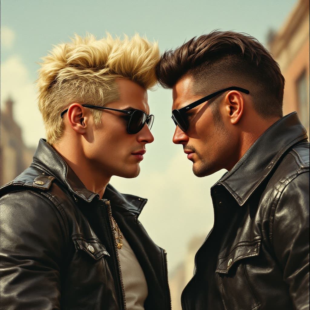 AI generated: johnny bravo with his 50's style blonde greaser hairdo and leather jacket  and black rayban like sun...