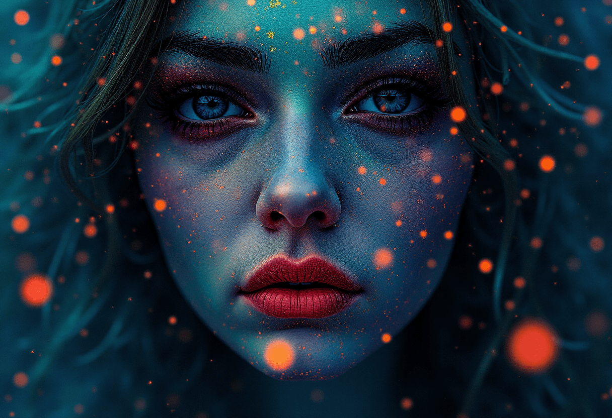 AI generated: A captivating abstract portrait of a woman's face that artfully blends her features with a nighttime...