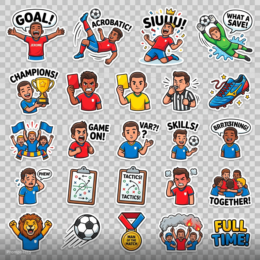 AI generated: football players celebrating goals, bicycle kicks, goalkeeper saves, red and yellow cards, referee w...