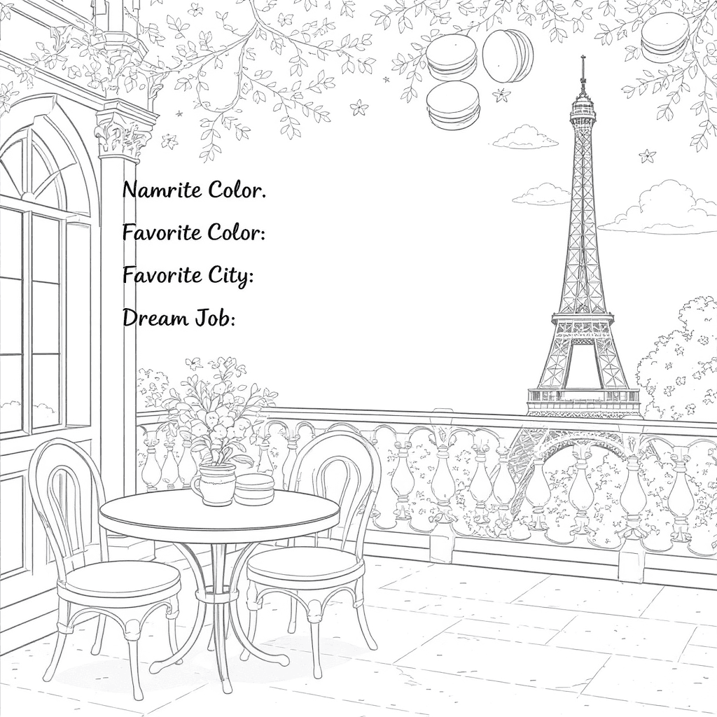 AI generated: A coloring page with a Parisian pastel background showing macarons, a cute café table, the Eiffel To...