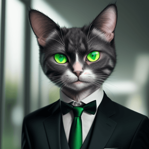 AI generated: a cat wearing a suit and tie with green eyes, a stock photo by Hanns Katz, pexels, furry art, stockp...