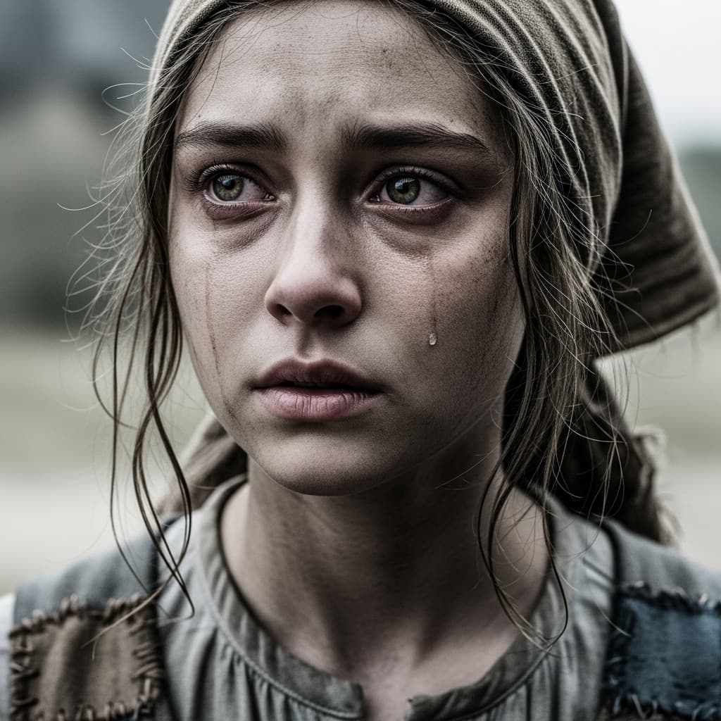 AI generated: Les Misérables, at the beginning of the 19th century. a poignant and beautiful closeup of the orphan...