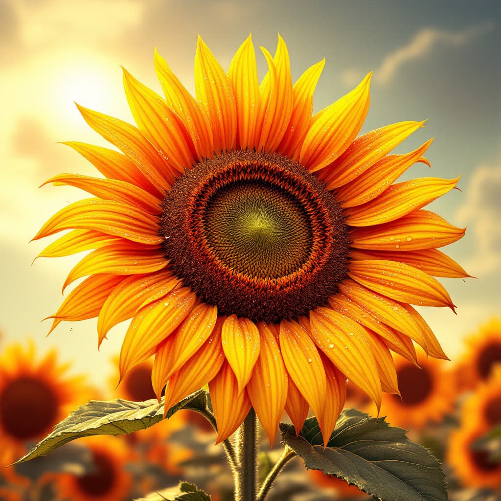 AI generated: Create a large sunflower with its petals wet with morning dew with realistic 3D texture and color of...