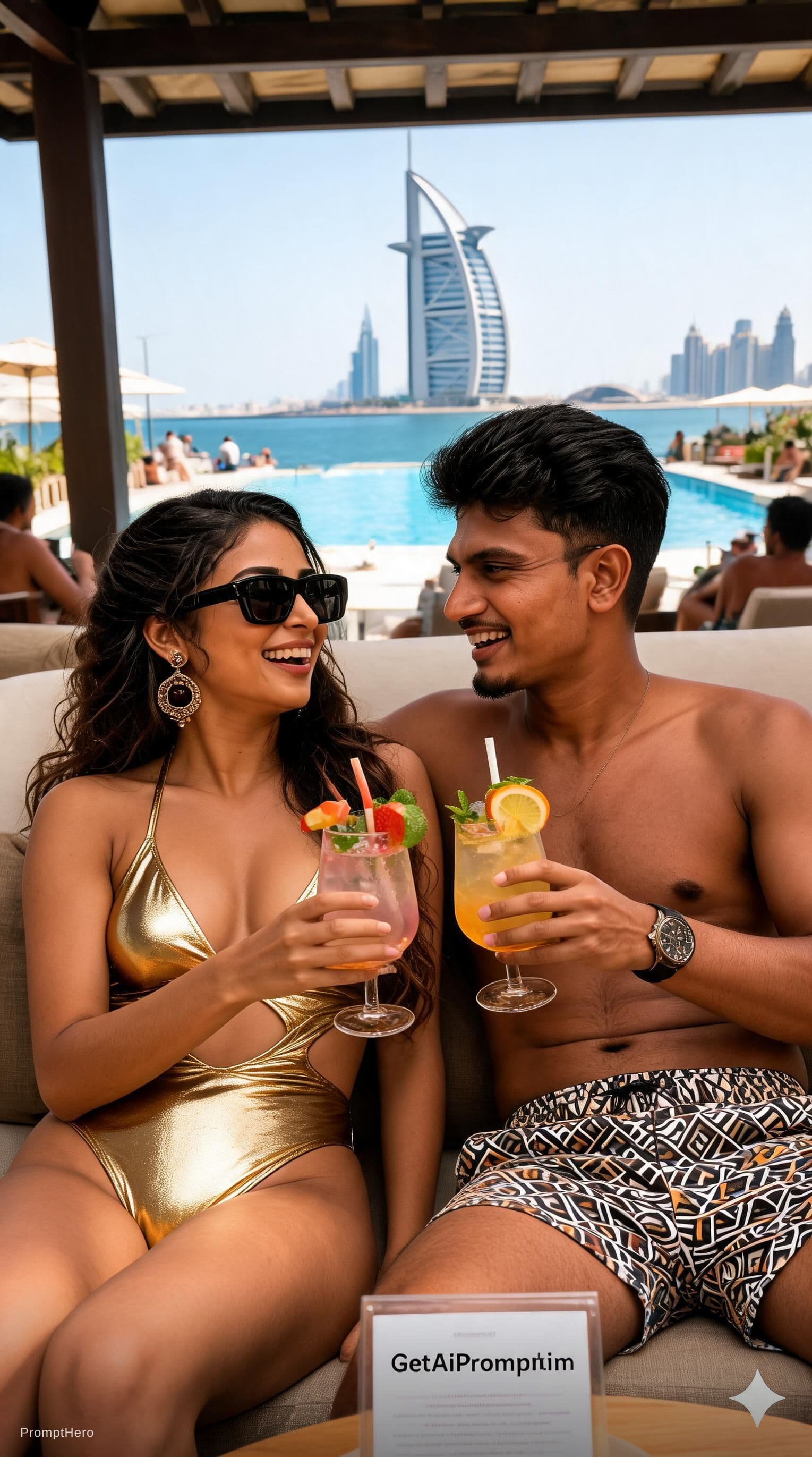 AI generated: [Shot Type: Medium Shot from a low angle] [Subject: A stylish South Asian couple lounging in a priva...