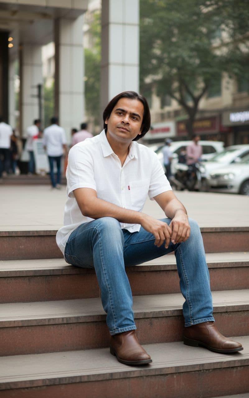 AI generated: Outdoor shot of a man in background of new friends colony cc market( new delhi)  (referencing the up...