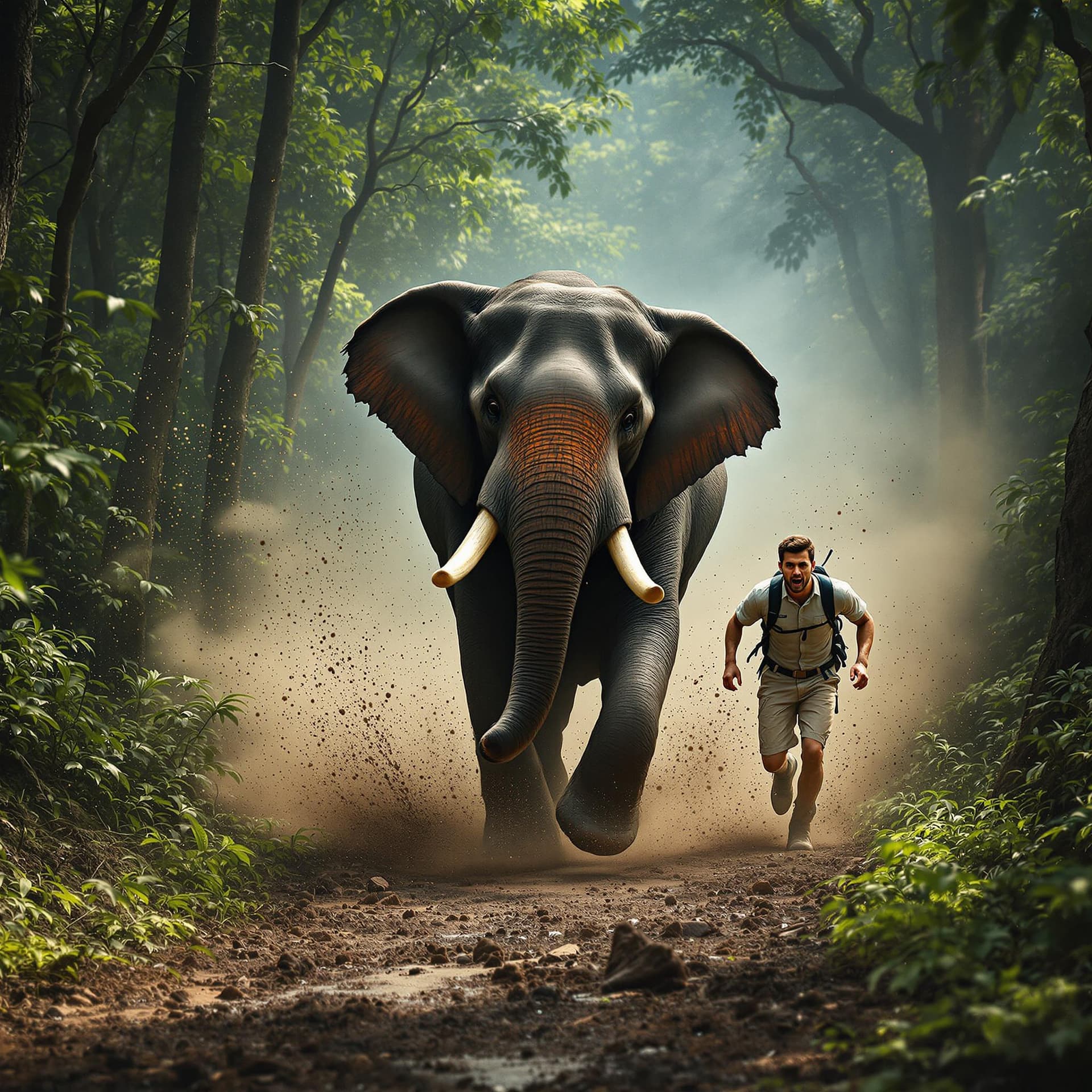 AI generated: Create a dramatic and dynamic image set in a deep Kerala forest, depicting an elephant running behin...