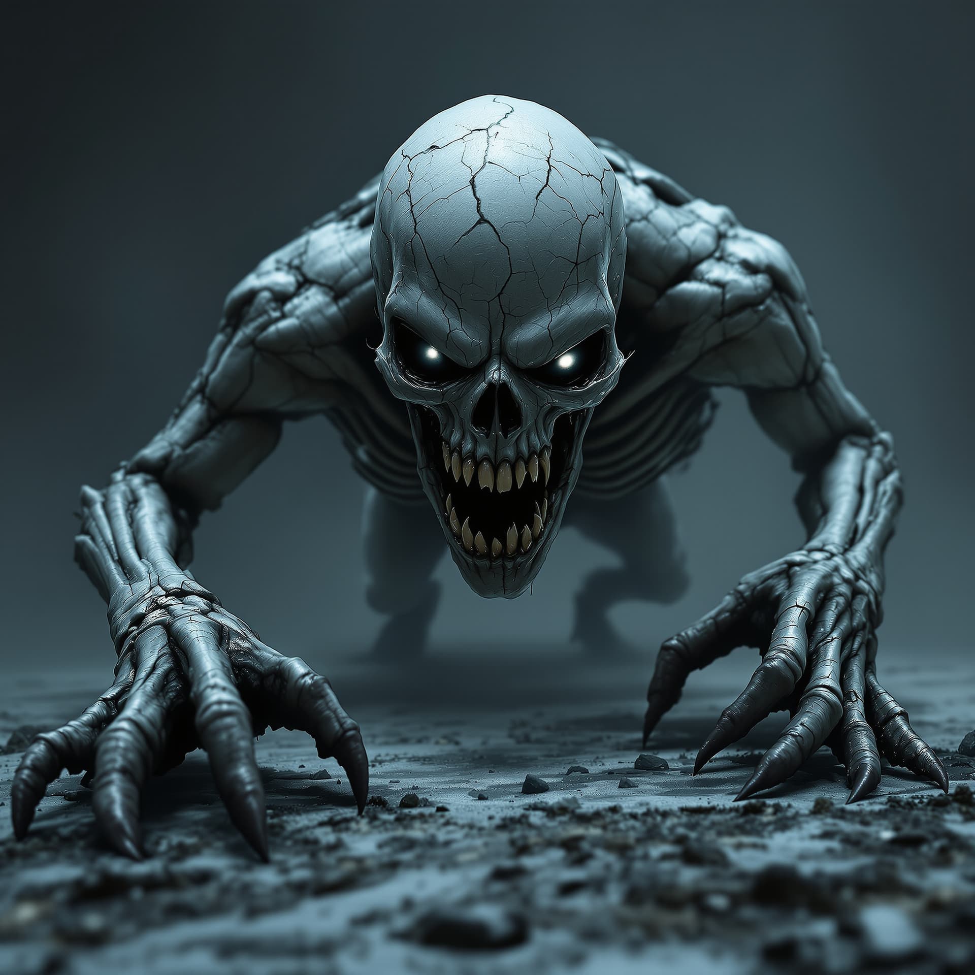 AI generated: A horrifying undead creature crawling toward the viewer, its cracked gray skin stretched tightly ove...