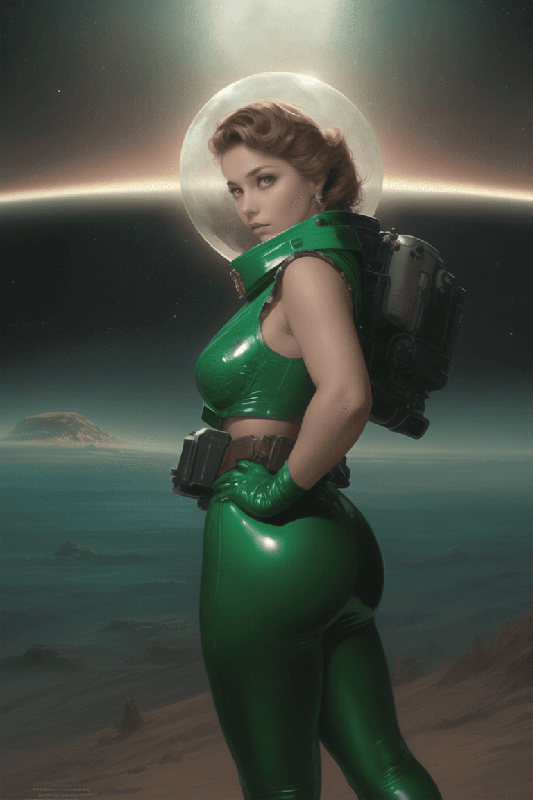 AI generated: Young Woman as a ruggedly beautiful retro sci-fi space marine in a green pvc outfit, 1985, intricate...