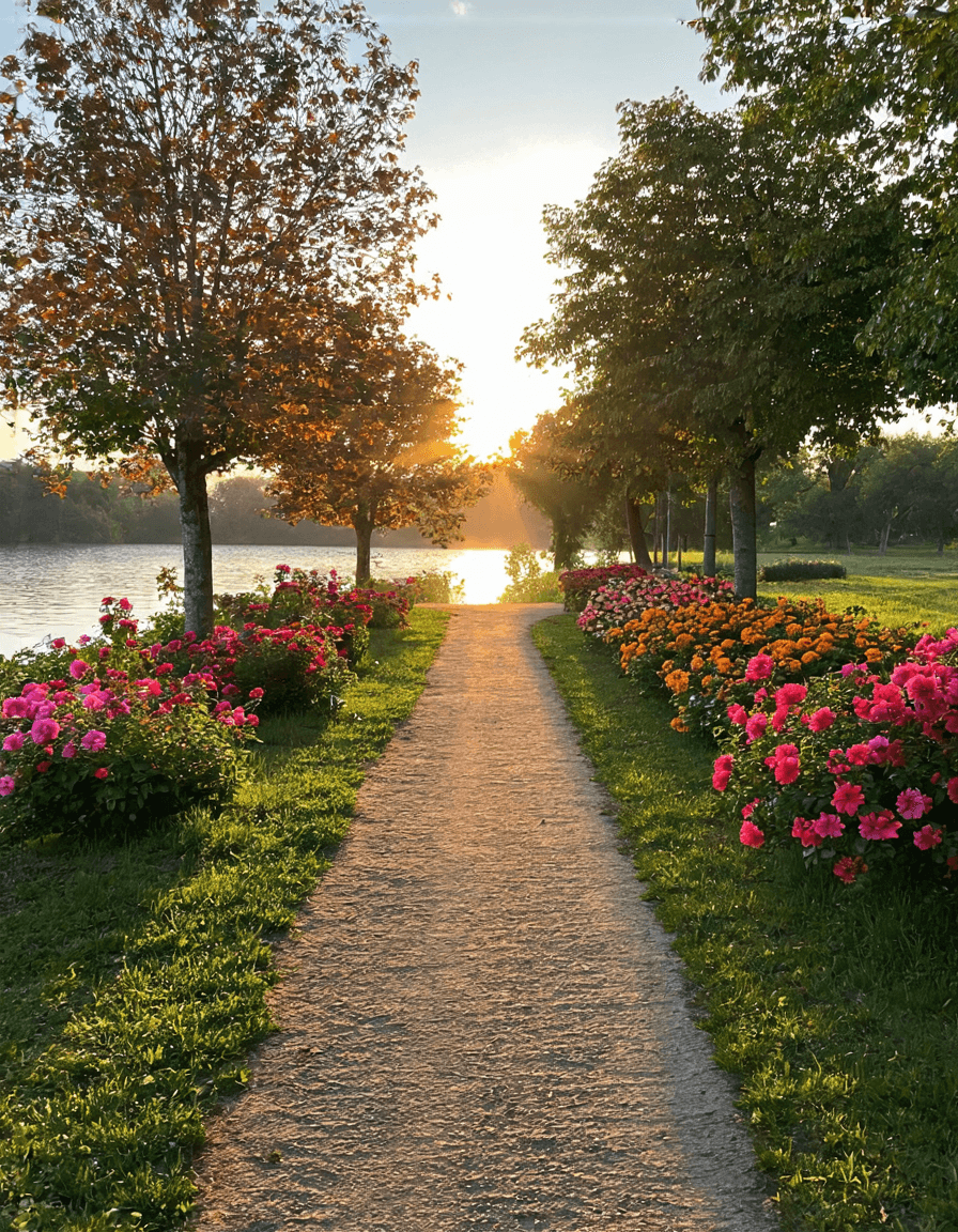 AI generated: The image depicts a serene landscape scene during sunset. The sun is low on the horizon, casting a w...