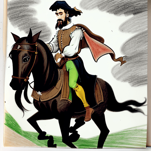 AI generated: Drawing for children's comic of a thin, bearded, 16th century Spanish man with a scholar's cap and r...