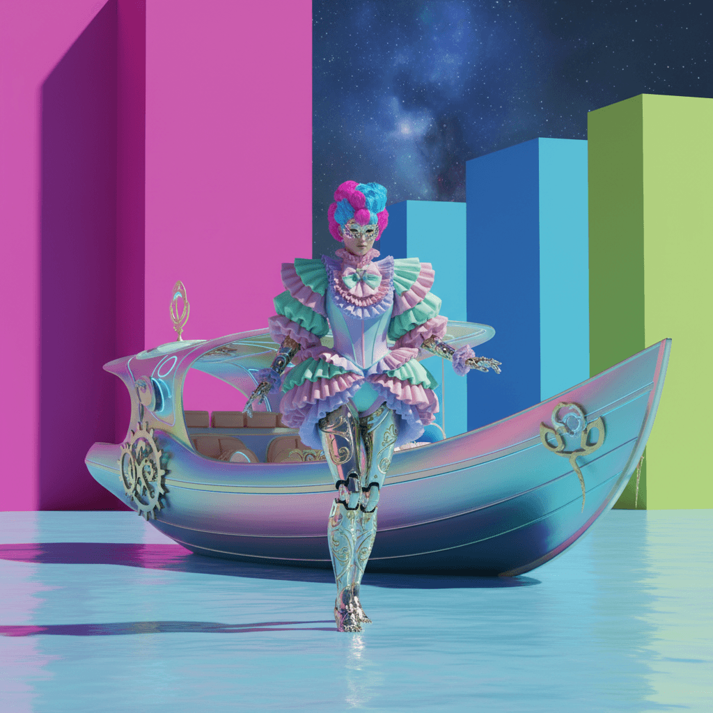 AI generated: commercial photo of a stunning woman standing in water near a boat, in the style of colorful futuris...
