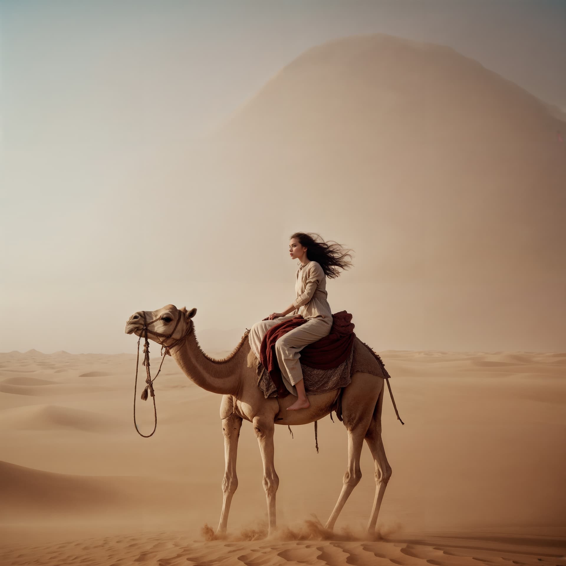 AI generated: a woman on the top of a camel in desert in a sandstorm, colossal tornado in a desert on the backgrou...