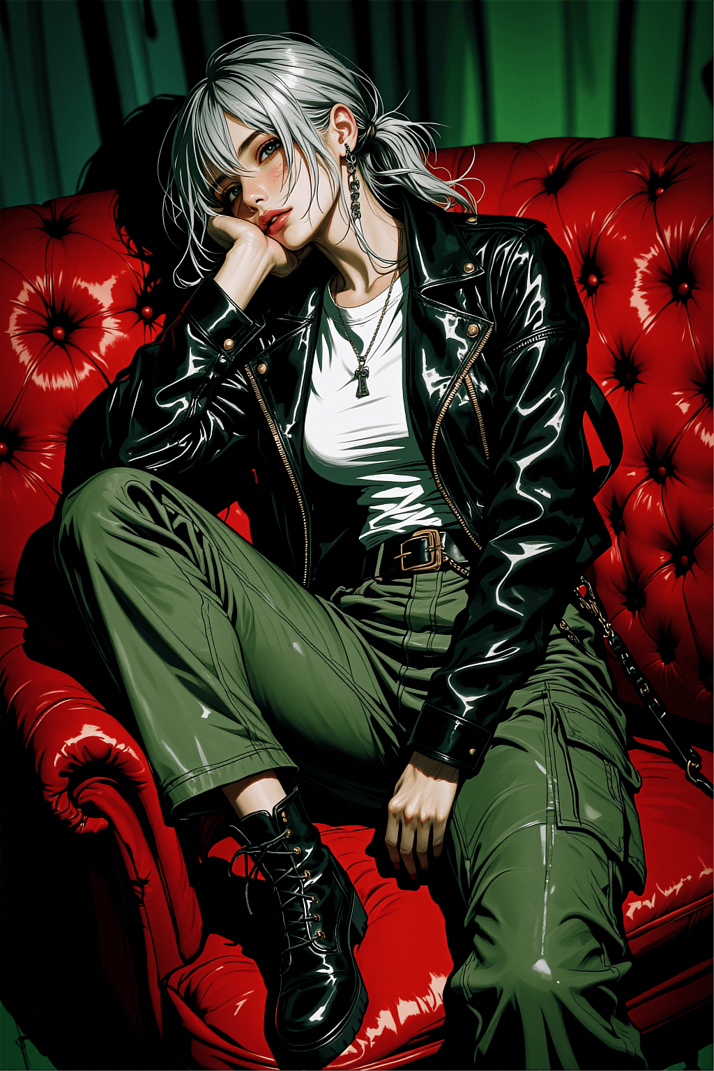AI generated: A vertical semi-realistic anime illustration of a cool, edgy woman with messy silver-white hair tied...