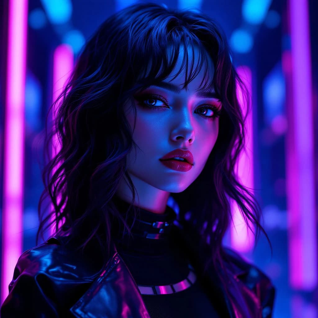 AI generated: A confident K-pop idol named Rina with long straight black hair, wearing a stylish red outfit with g...