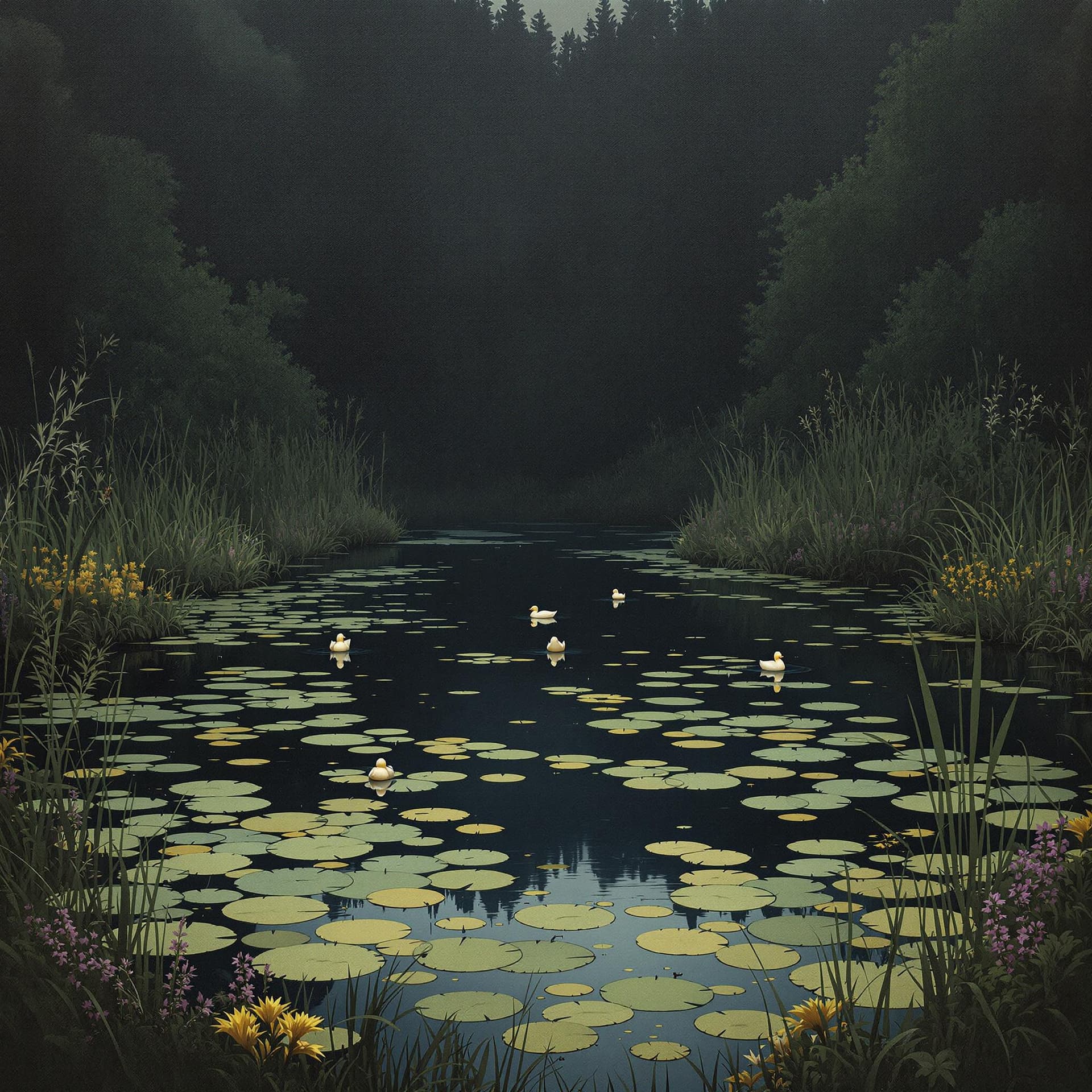 AI generated: A Renaissance painting of an isolated pond with lily pads and ducks, surrounded by tall grasses and ...