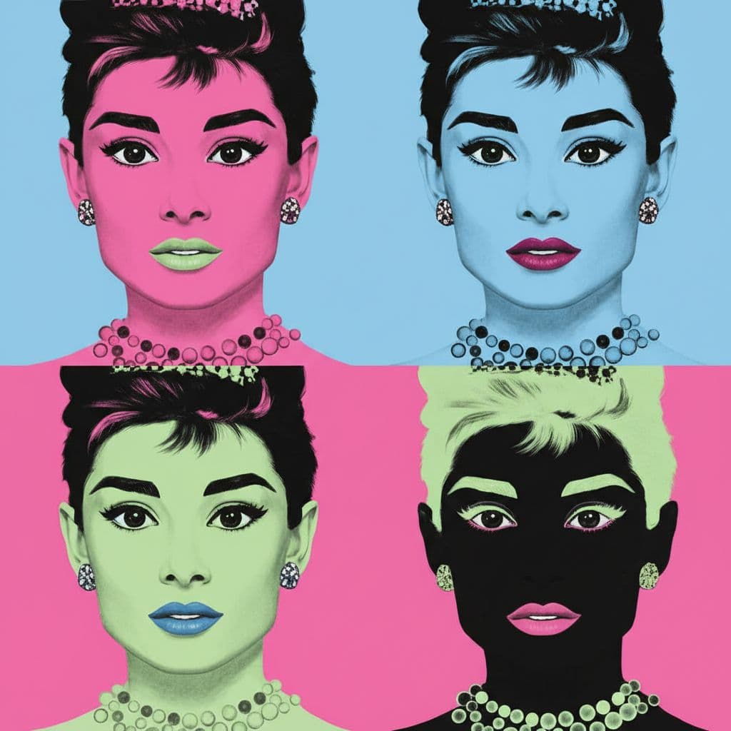 AI generated: Audrey Hepburn, in the style of Andy Warhol, simple background, pink, green, blue, and black colors ...