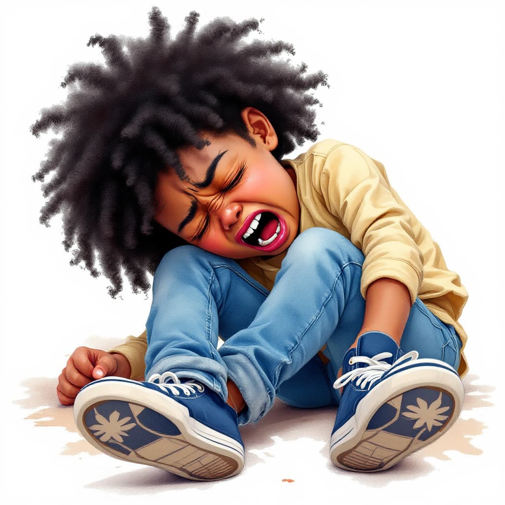 AI generated: prompt: a bad little African American girl with black curly hair and brown eyes lying on the floor c...