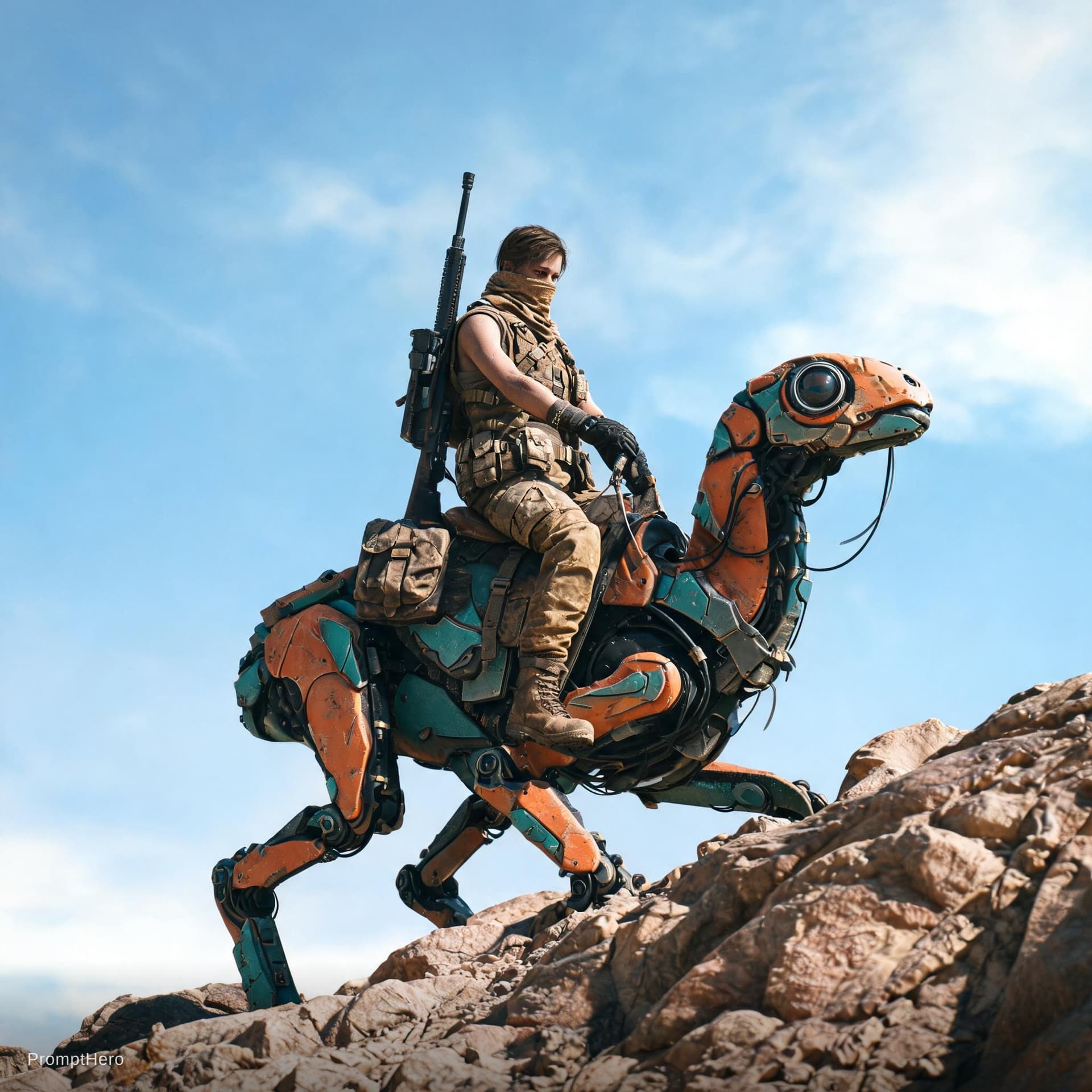 AI generated: A lone desert scout riding a robotic reptile-like pack mount up a rocky slope under a wide open sky,...