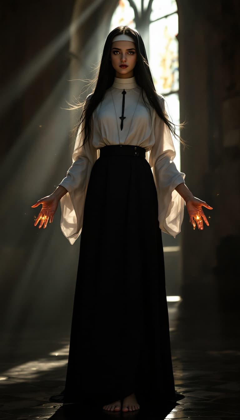 AI generated: Full body view of Hyper realistic full body view of beautiful 14yo nun, indigen Face, long legs, Lon...