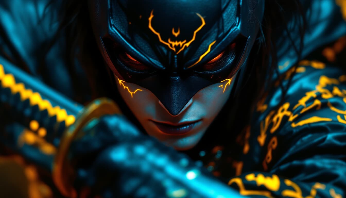 AI generated: Editorial Vivienne Tam photography of a gothic punk rebel Batman with neon yellow and black accents ...