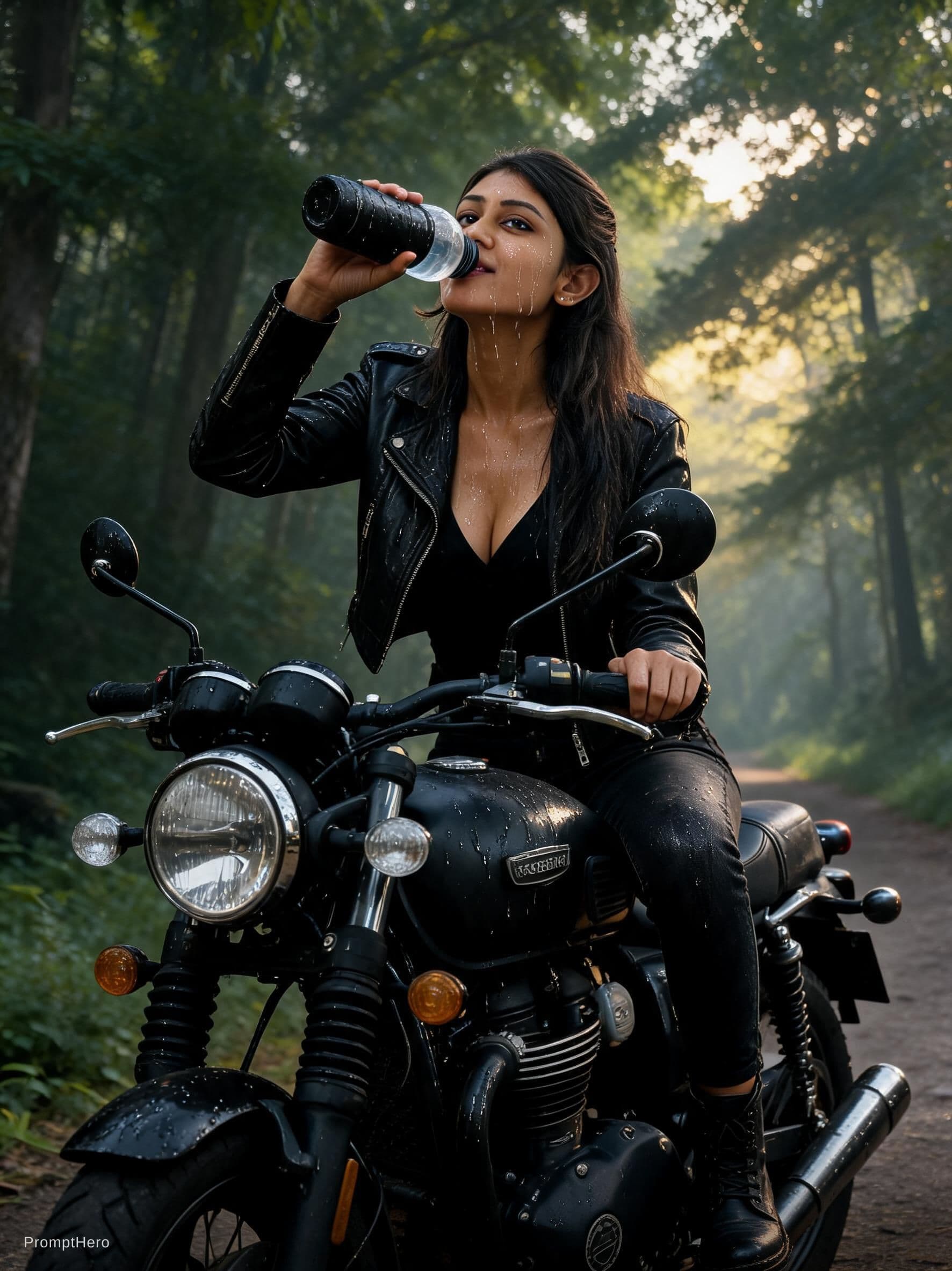 AI generated: Generate an 16 k image of the girl, who is riding a black matte finished colour bullet bike and stop...