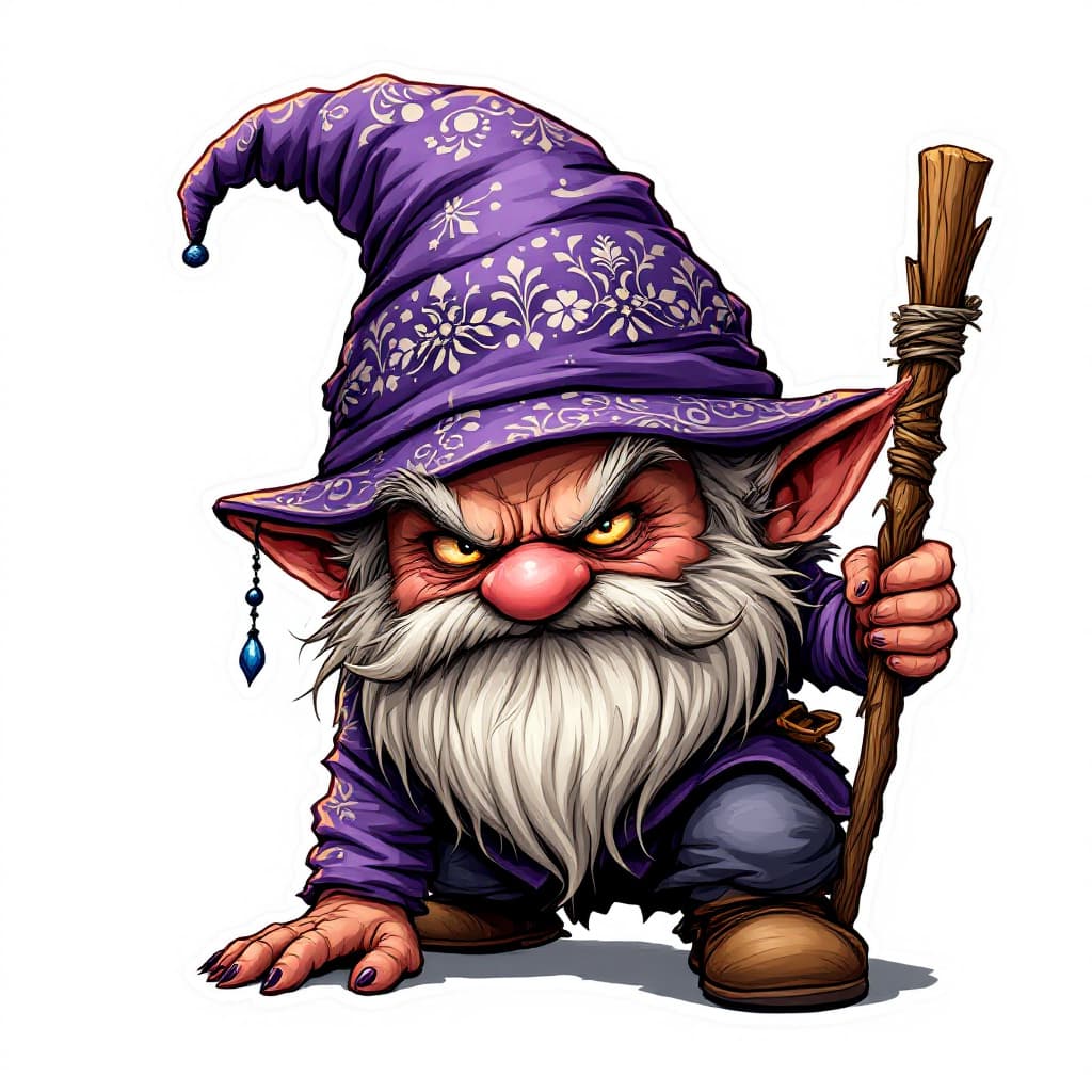 AI generated: A highly detailed full-body cartoon sticker of a whimsical gnome character. The gnome is wearing a v...