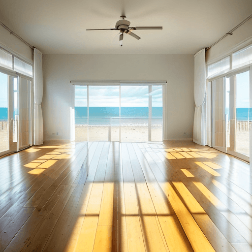 AI generated: Image of a completely empty room with a wood floor leading away from the viewer towards a open wide ...