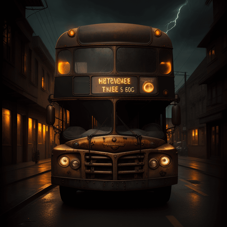 AI generated: perspective a bus parked in the street, angled, lightning night, mysterious, hyperrealism, steampunk...