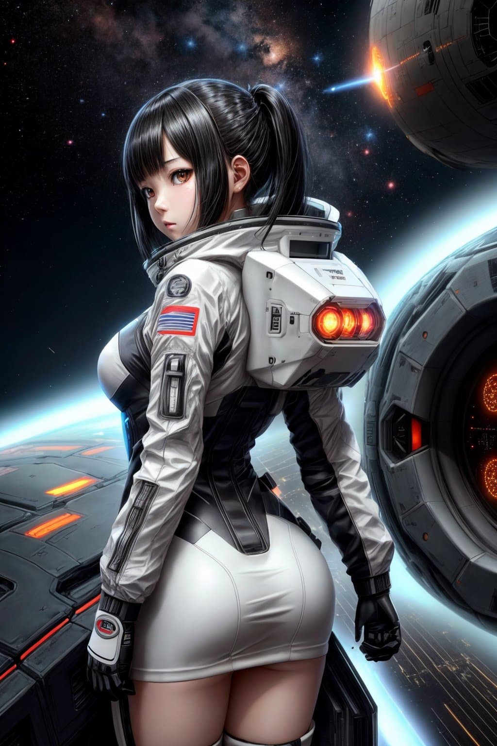 AI generated: Girl in spacesuit, spaceship inside, Tsutomu Nihei style, Sidonia no Kishi, gigantism, laser generat...