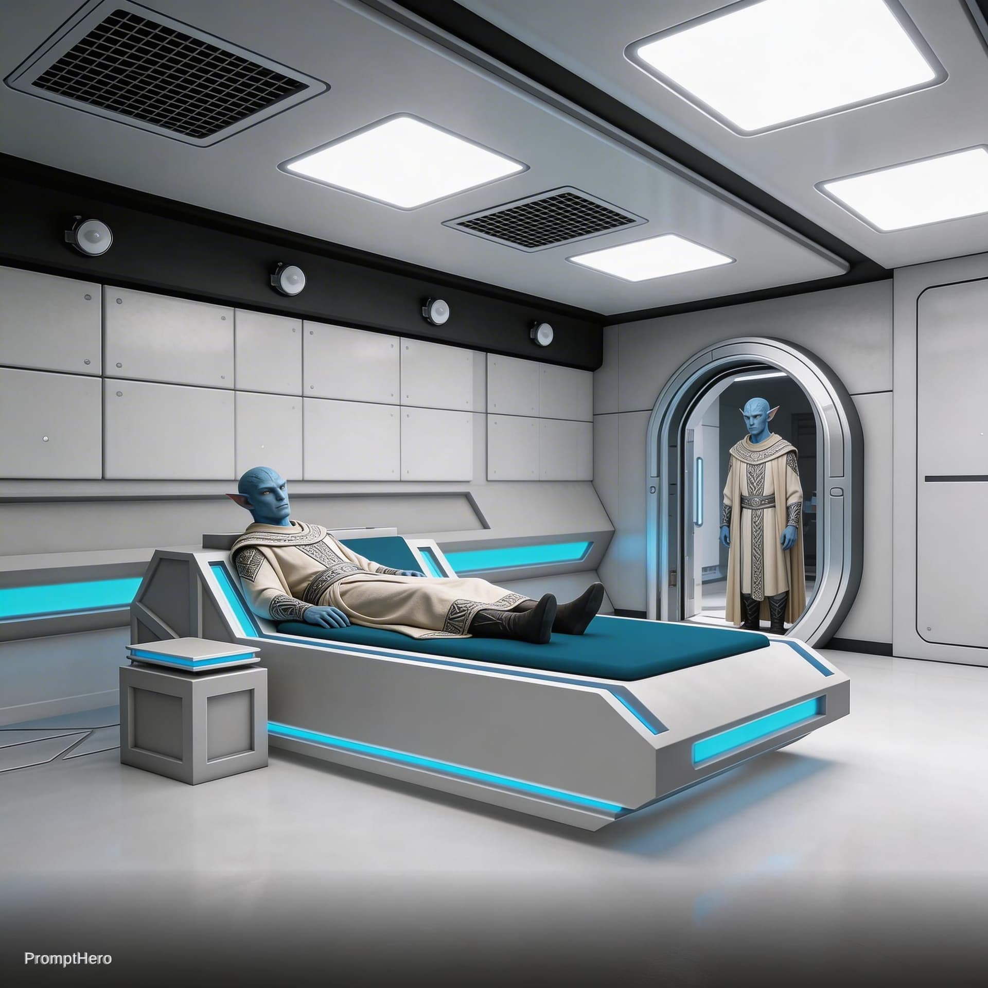 AI generated: Sci-Fi Scene. Show the characters in reference image one, inside reference image two. Show one chara...