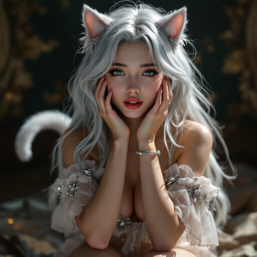 AI generated: A GIRL ,silver hair she with thick tail and cat ears,hardcore sex,Hold head with hands,bite her lips...