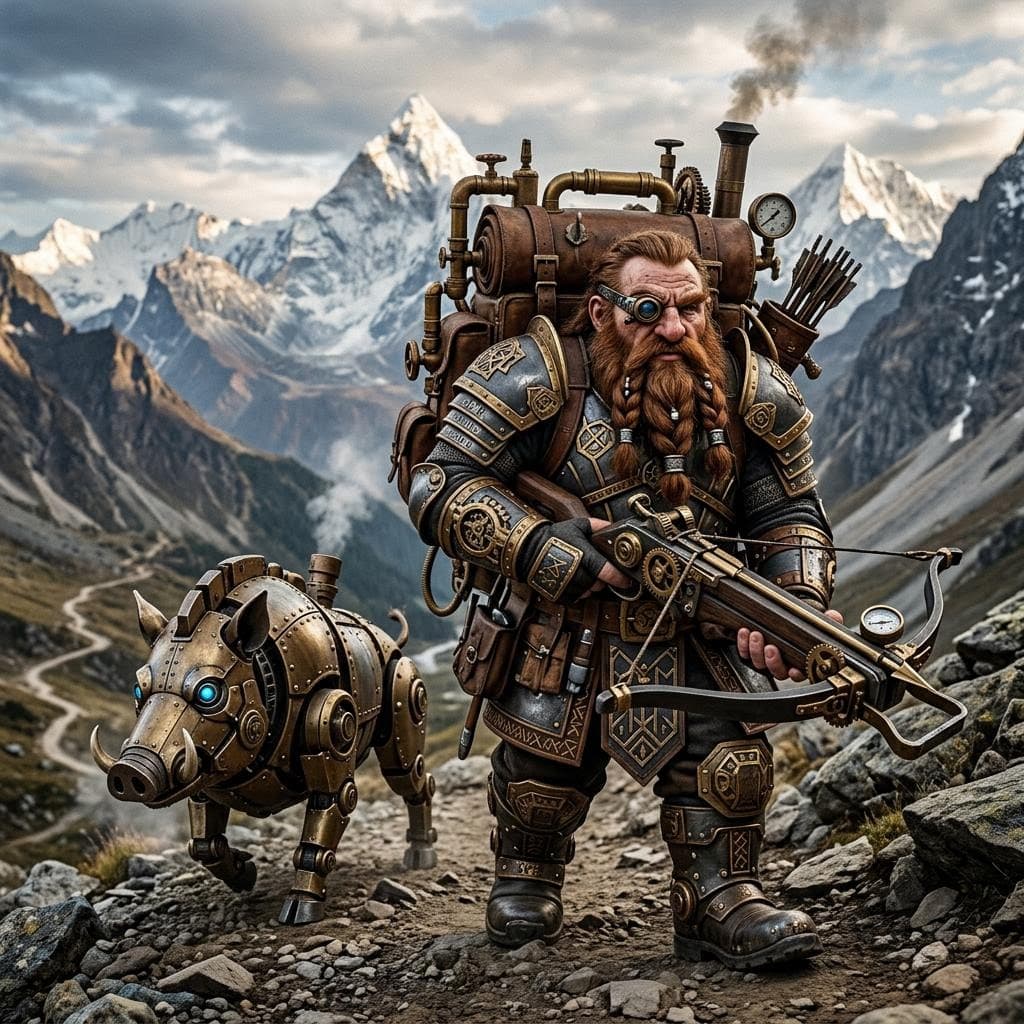 AI generated: a male dwarf artificer with a clockwork wearing dwarven half plate armor and an oversized steampunk ...