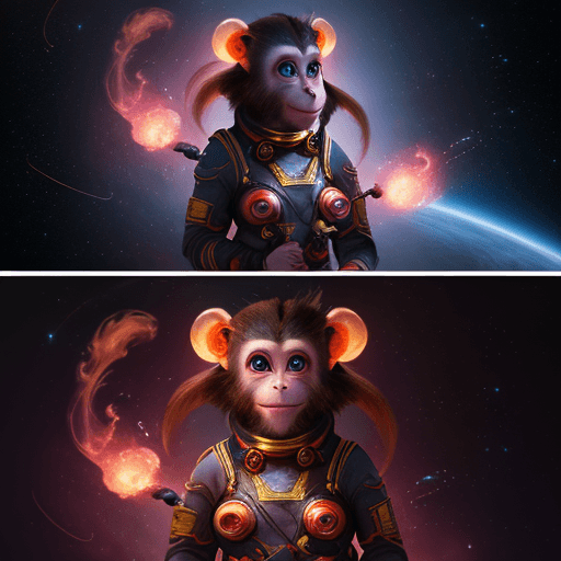 AI generated: zoom out cinematic portrait of a beautiful cute anthropomorphic female space monkey fire artist spin...
