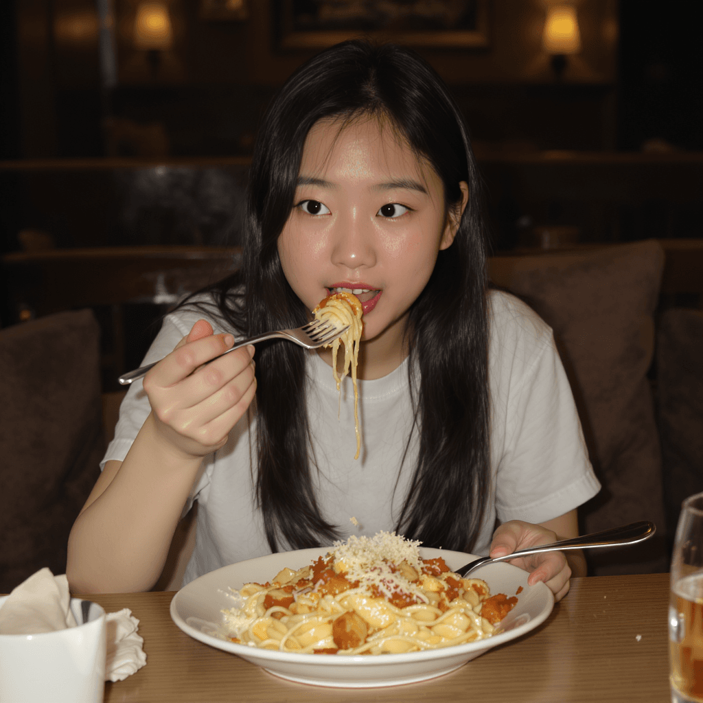 AI generated: A photo of an asian girl with long hair, wearing a white t-shirt. Eating pasta on a low lighted rest...