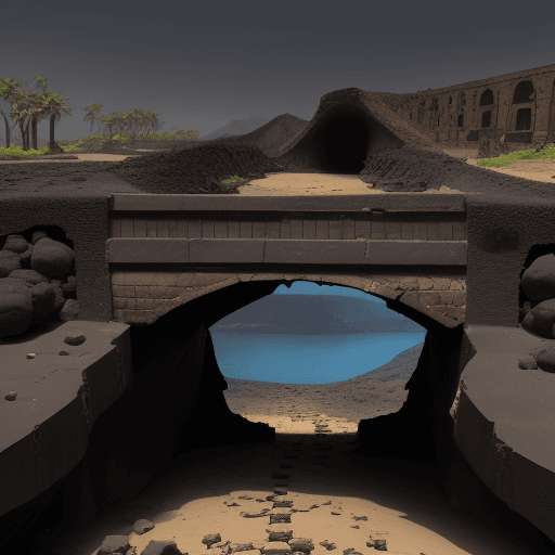 AI generated: a narrow small dilapidated egyptian enclosed broken bridge above lava 