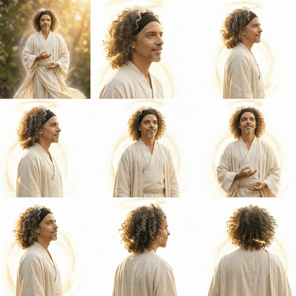 AI generated: create a visual study of 9 images, each where the character is rotating as if on a platform to show ...