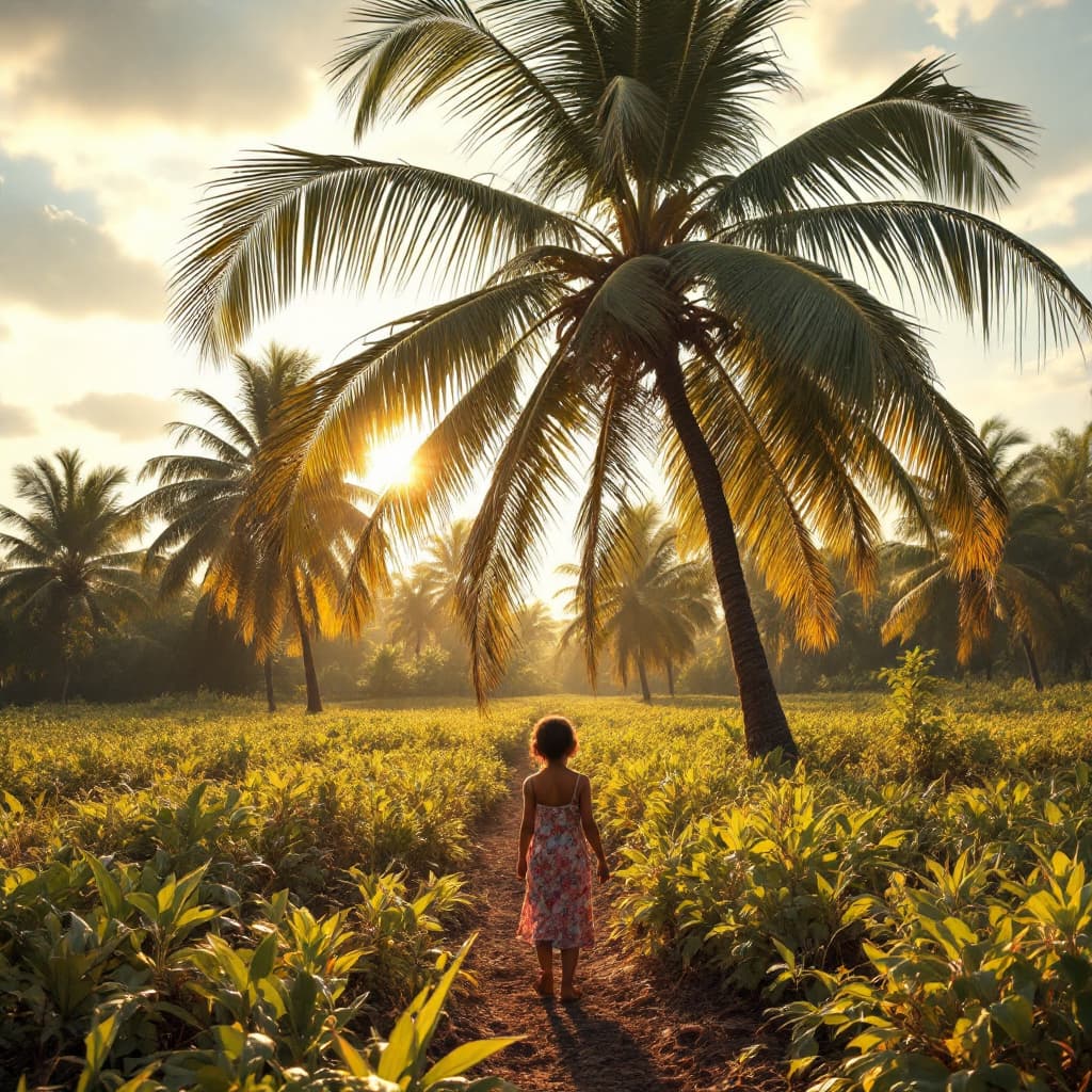 AI generated: a child in the farm under a coconut tree with the darzzing sun shinning toward her.
