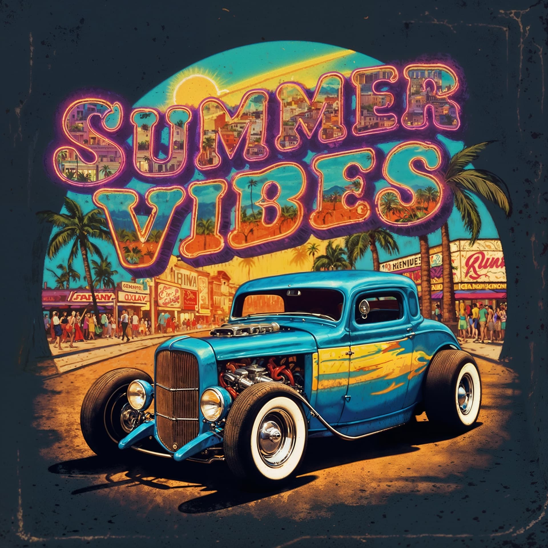 AI generated: A vibrant custom illustration featuring a vintage hot rod, cruising along a sunny street lined with ...