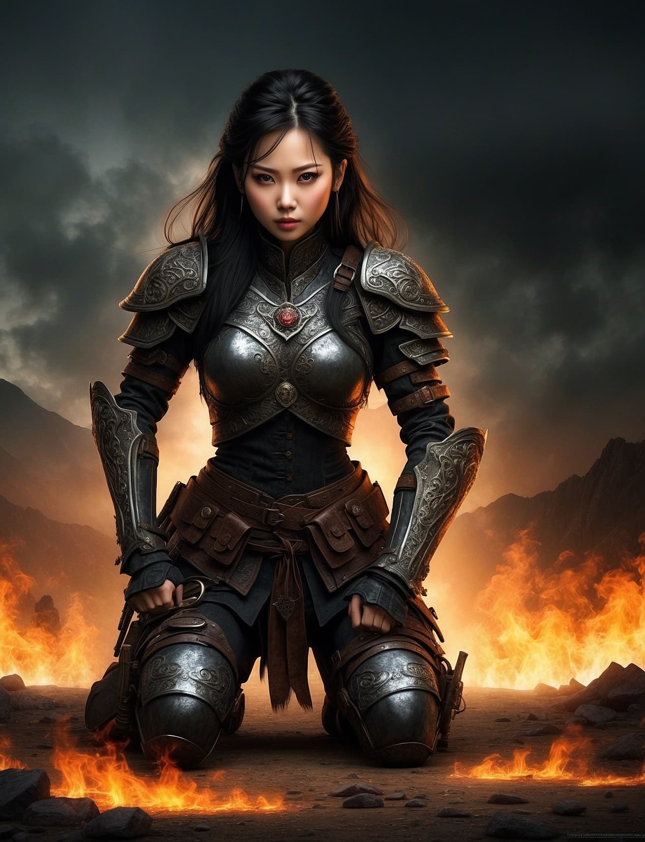 AI generated: a kneeling warrior woman looks down, she is very sad because she has lost the war, her friends are a...