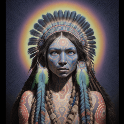 AI generated: Psychedelic shaman Native American female blue skin, transcending, wearing shipibo tattoos, inside a...