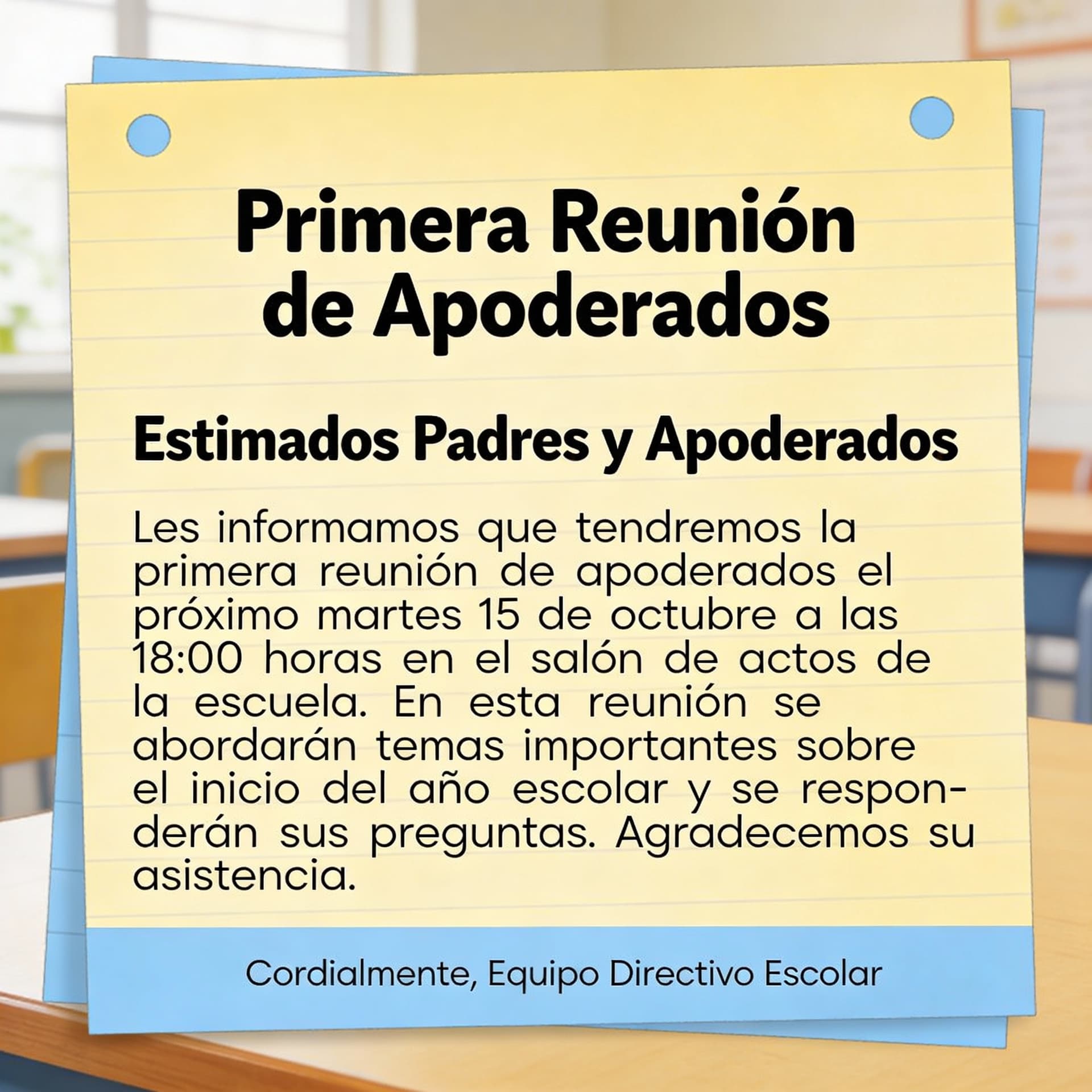 AI generated: crea una notita para padres y apoderados informando de la primera reunión de apoderados 