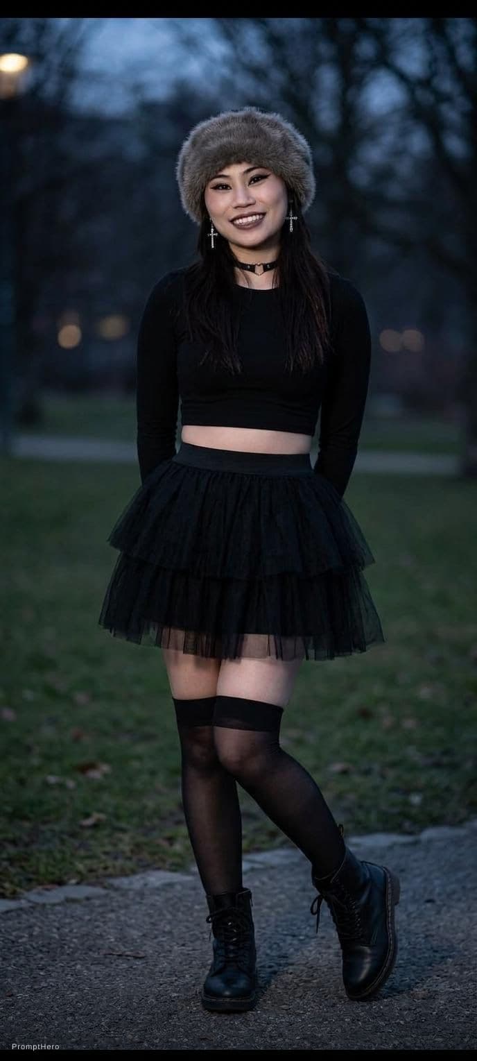 AI generated: asian\maxican goth girl in overnknee socks black ballet skirt, minimalistic crop top