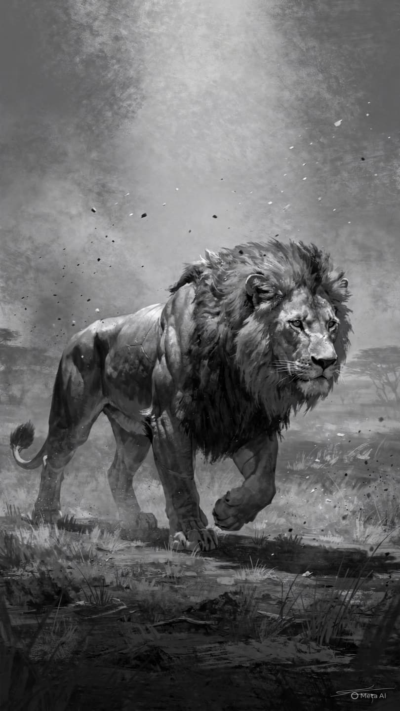 AI generated: a lion walking in the savana, side view, Dark fantasy, highly detailed anatomy, hyper-realistic musc...
