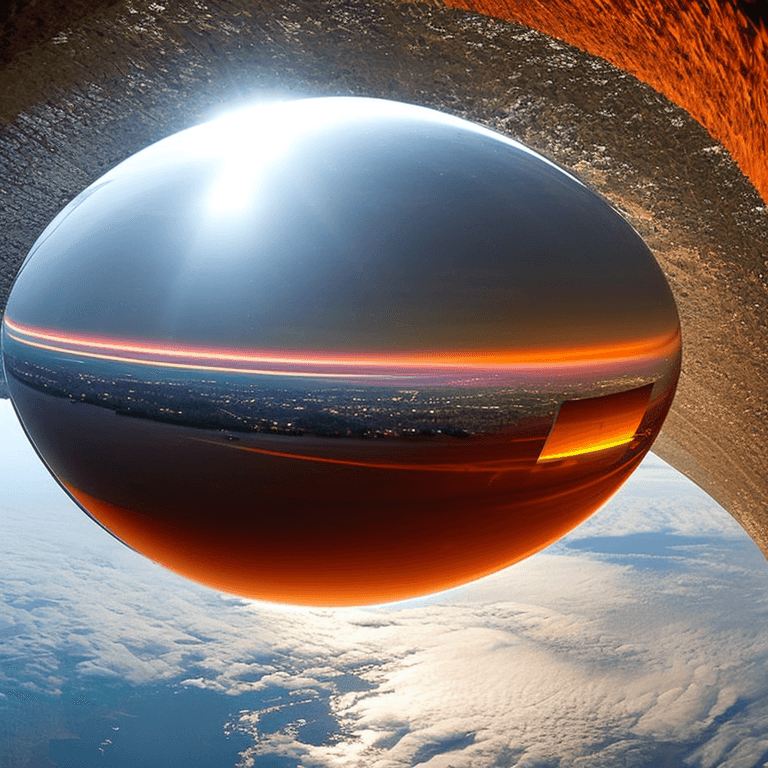 AI generated: wide angle view, giant glass orb, floating 400 feet above Bioluminescence water, modern glass city, ...