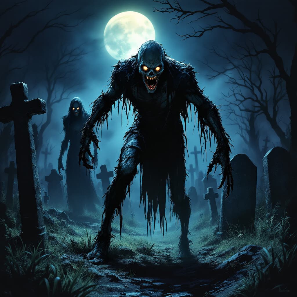 AI generated: A gothic zombie in a moonlit graveyard. The style is reminiscent of Bram Stokers Dracula, with the z...