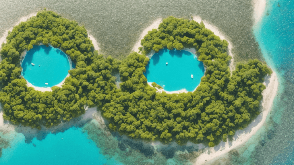 AI generated: bird's eye view of a simple, circular island. you can see the entire island. positive, happy, sunny
